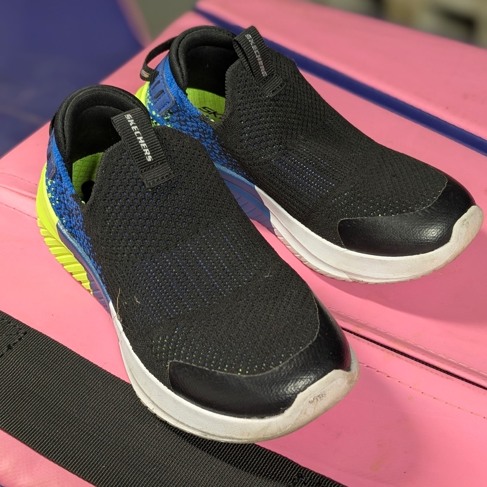 Skechers Kids Black Slip-On Sneakers with Blue & Neon Green Accents